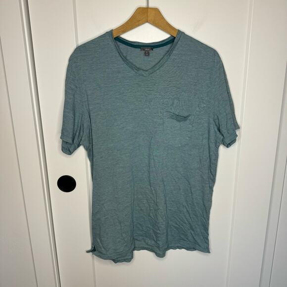 Vince Teal Blue Striped V-neck Pima Cotton Chest Pocket T-shirt Size XL - Picture 1 of 5